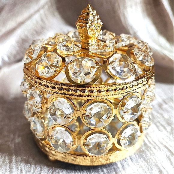 Jewelry Jewel Box Faceted Crystals Heavy Gold Plate Finial Mirrored Velvet NEW - Picture 5 of 8